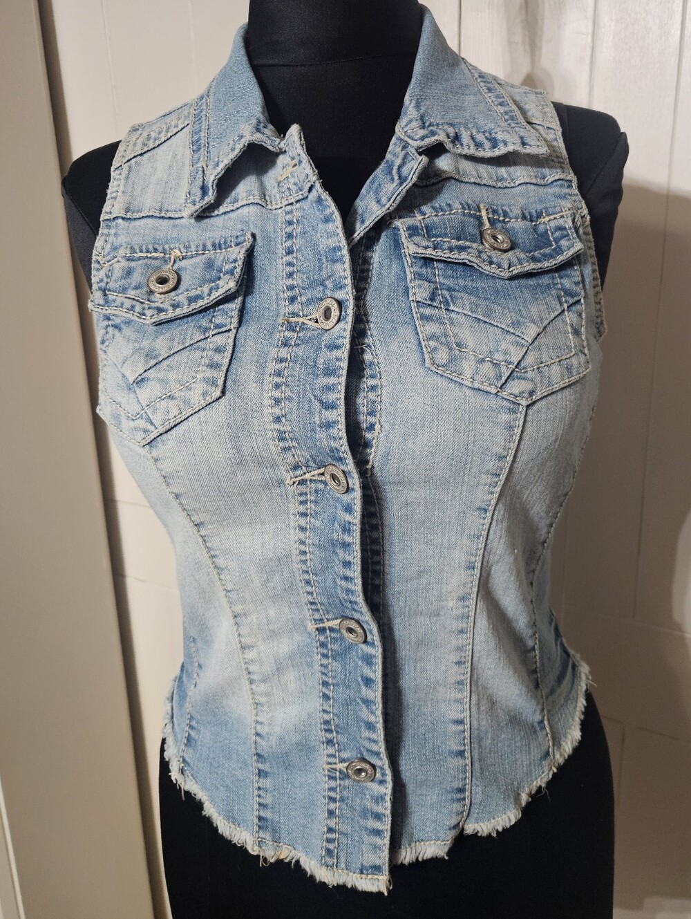 Maurices Light Wash Denim Vest with Embroidered Label